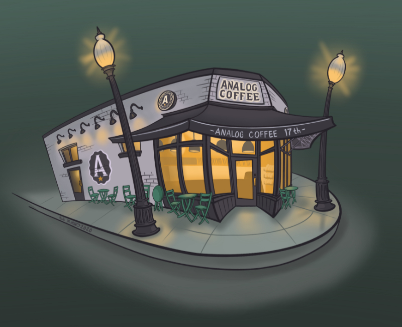 Illustration of the Analog Coffee building on 17th Ave in an exagerated cartoon style