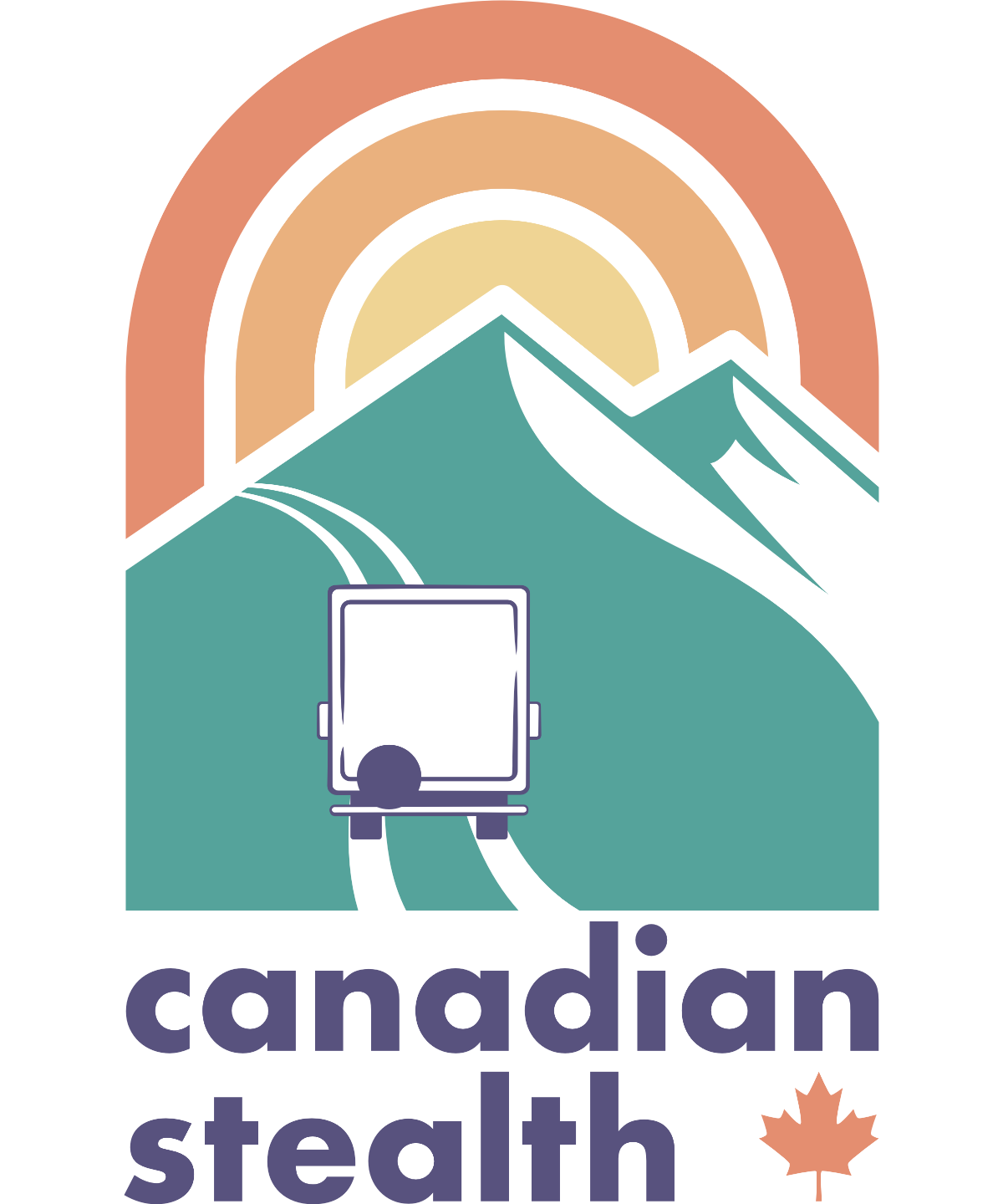 Logo for Canadian Stealth, a retro design of a truck heading into the mountains with a sunset.
