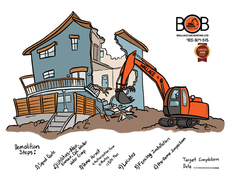 Illustration of excavator demolishing a house with Bob Wallace Excavating logo.