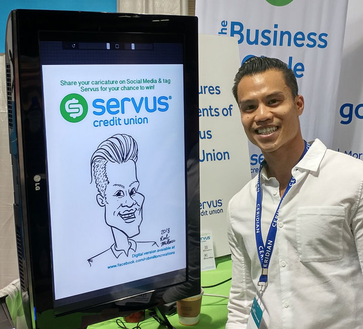 Man with his Digital Caricature displayed on screen at Trade Show