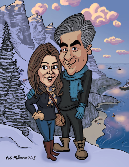 Caricature of a couple in Canadian mountains overlooking the Canadian cost.