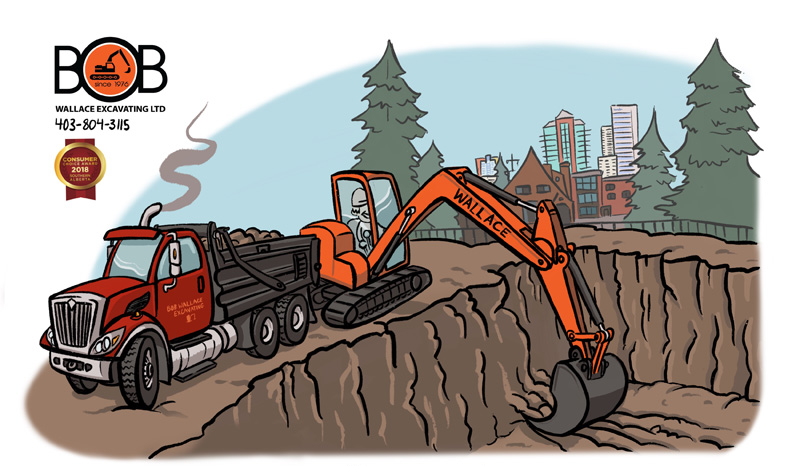 Illustration of excavator digging a whole and filling a dump truck with a calgary cityscape in the background