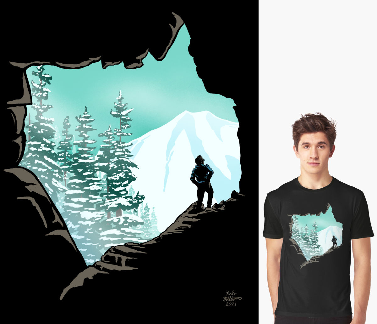 T-shirt art of a man standing in Pika Cave looking at Prairie Mountain