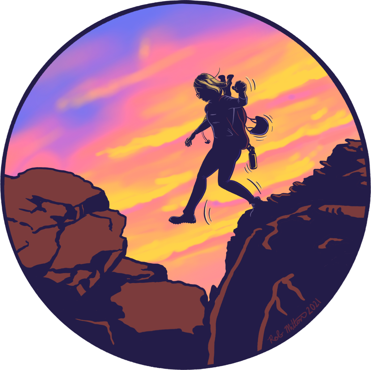 Illustration of a lady hopping from rock to rock on a mountain ridge.
