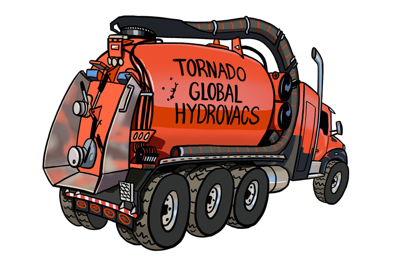 Cartoon of Tornado Global Hydrovacs truck intended for use as a sticker.